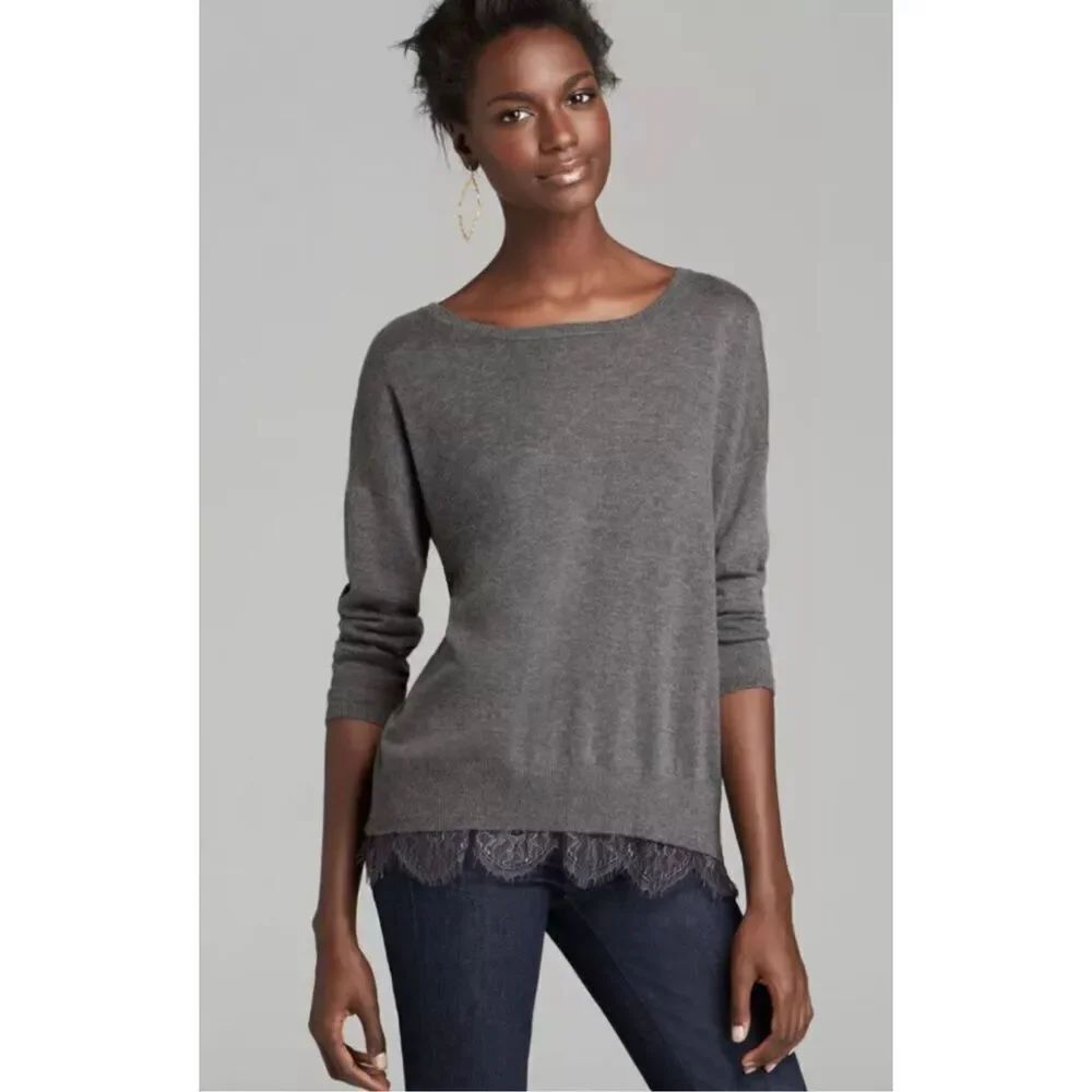 ✨Joie Hilano Gray Lace Trim Long Sleeve Sweater Sz  Medium✨